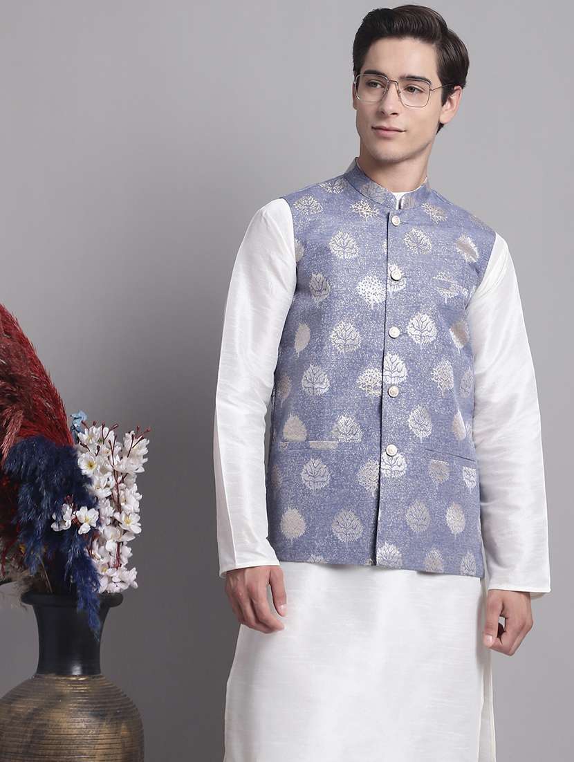 blue silk blend kurta pyjama with jacket ethnic wear set - 20038901 -  Standard Image - 3