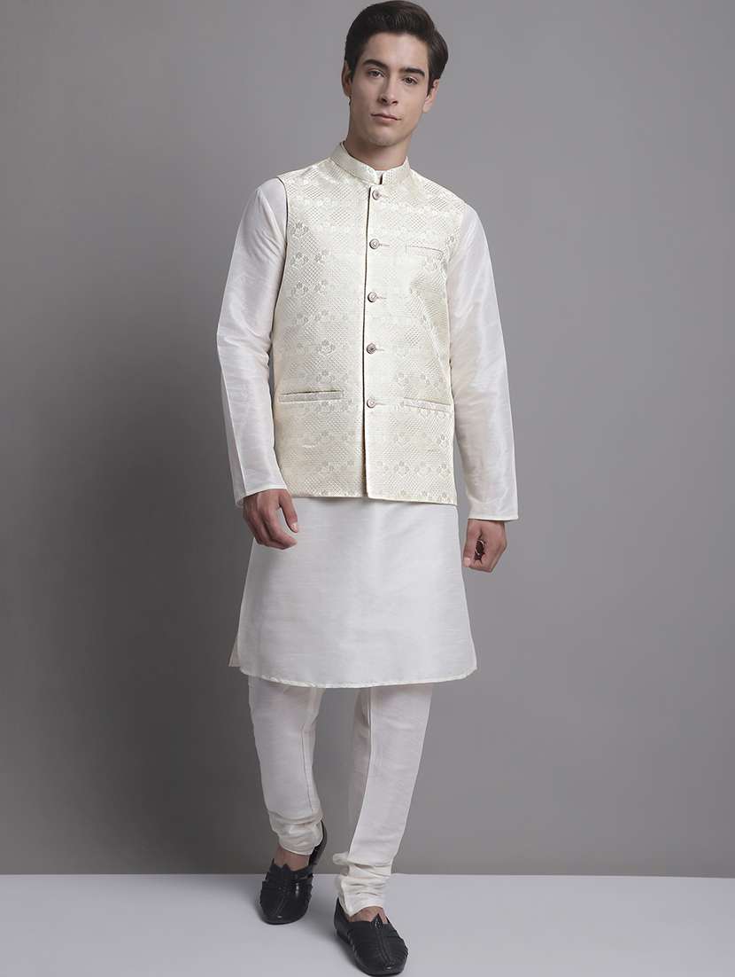 white silk blend nehru jacket - 20038911 -  Standard Image - 3