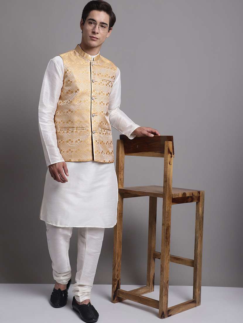 gold silk blend nehru jacket - 20038912 -  Standard Image - 3