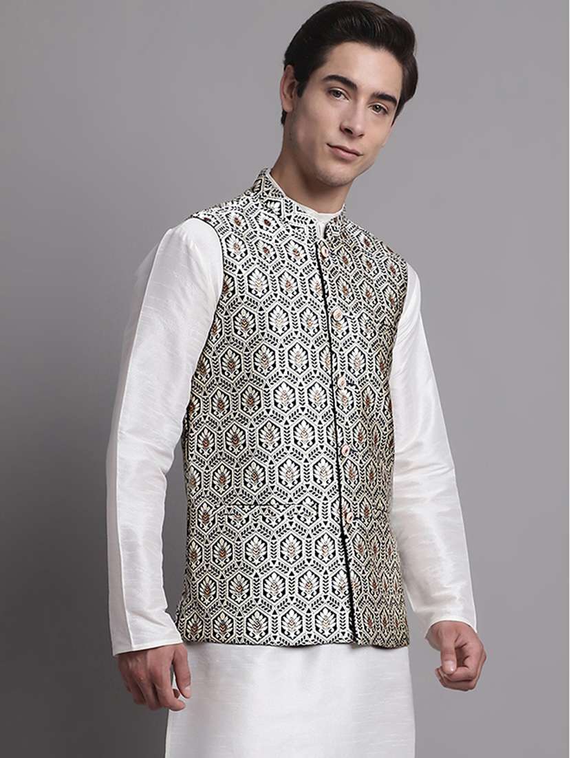 silver silk blend nehru jacket - 20038916 - Zoom Image - 0