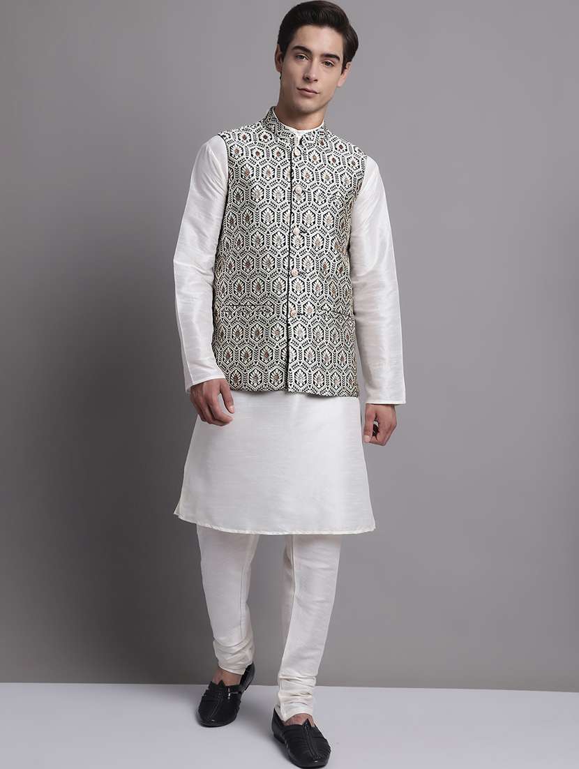 silver silk blend nehru jacket - 20038916 - Standard Image - 3