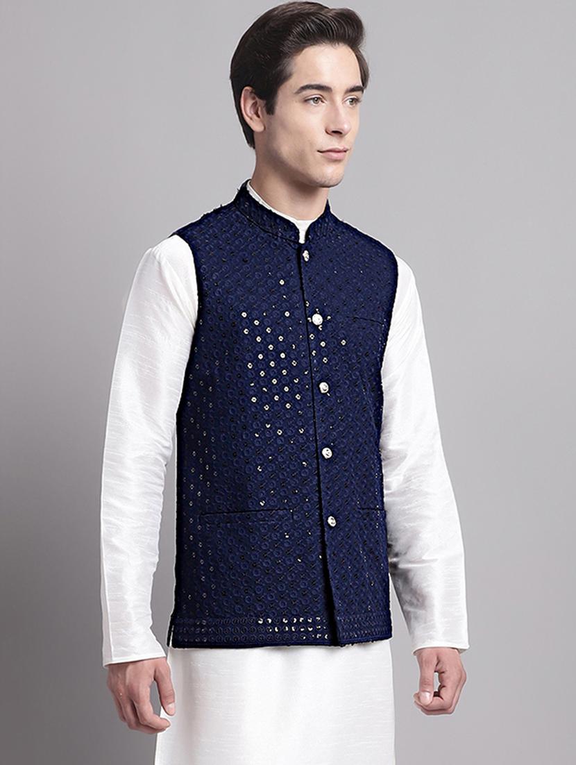 navy blue rayon nehru jacket - 20038923 -  Zoom Image - 0