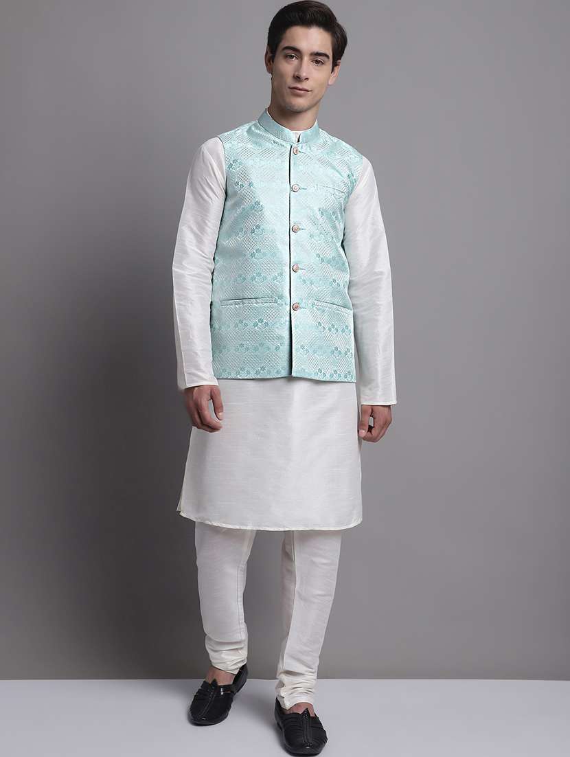 light blue silk blend nehru jacket - 20038927 -  Standard Image - 3