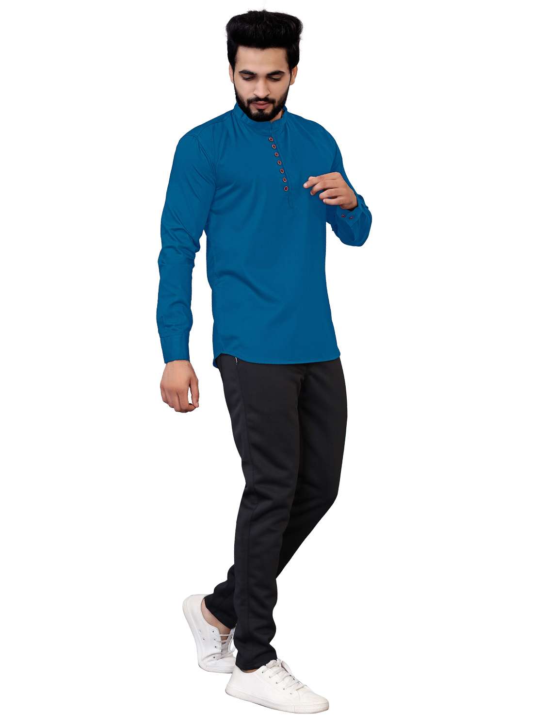 mandarin neck solids short kurta - 20038938 - Standard Image - 3
