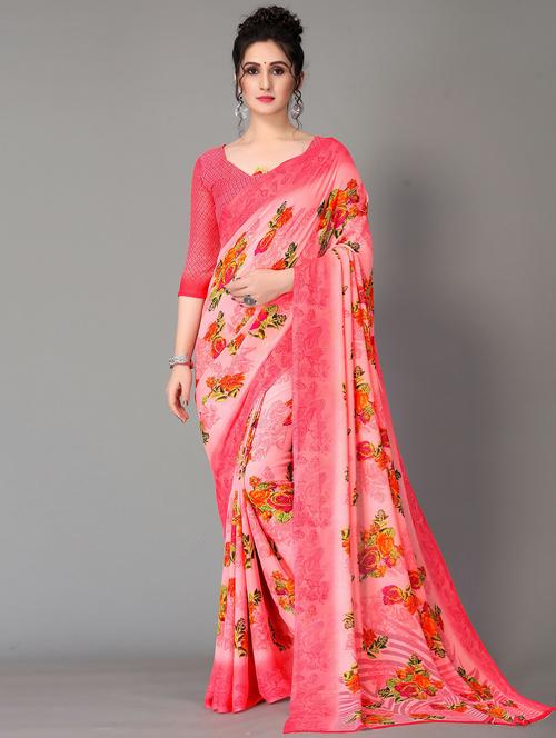 pink georgette printed saree with blouse - 20039265 - Standard Image - 0