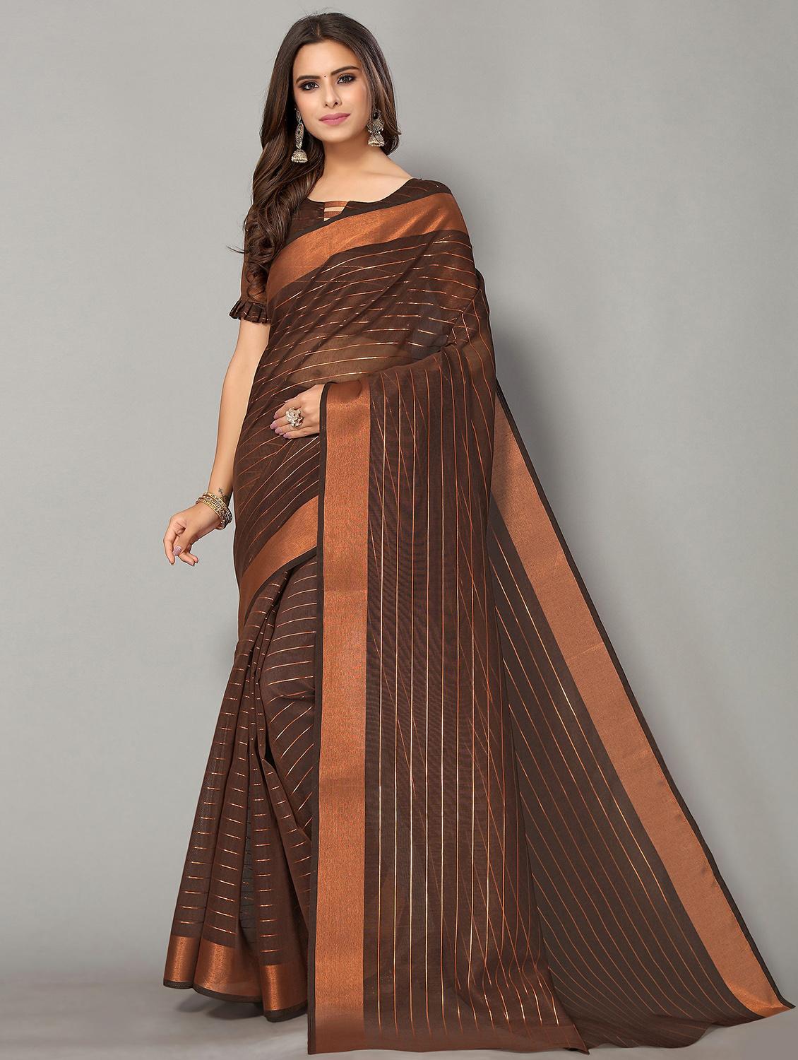 brown cotton handloom saree with blouse - 20039279 - Zoom Image - 0