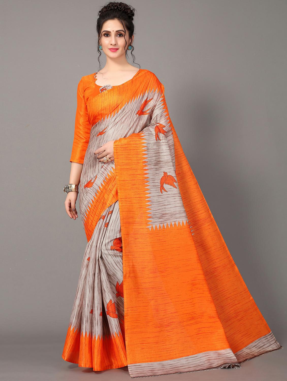 orange silk blend mysore saree with blouse - 20039288 - Zoom Image - 0