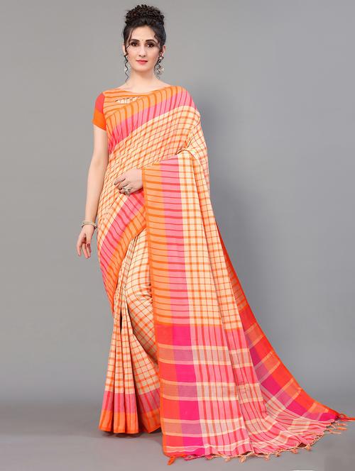 orange cotton blend handloom saree - 20039297 - Standard Image - 0
