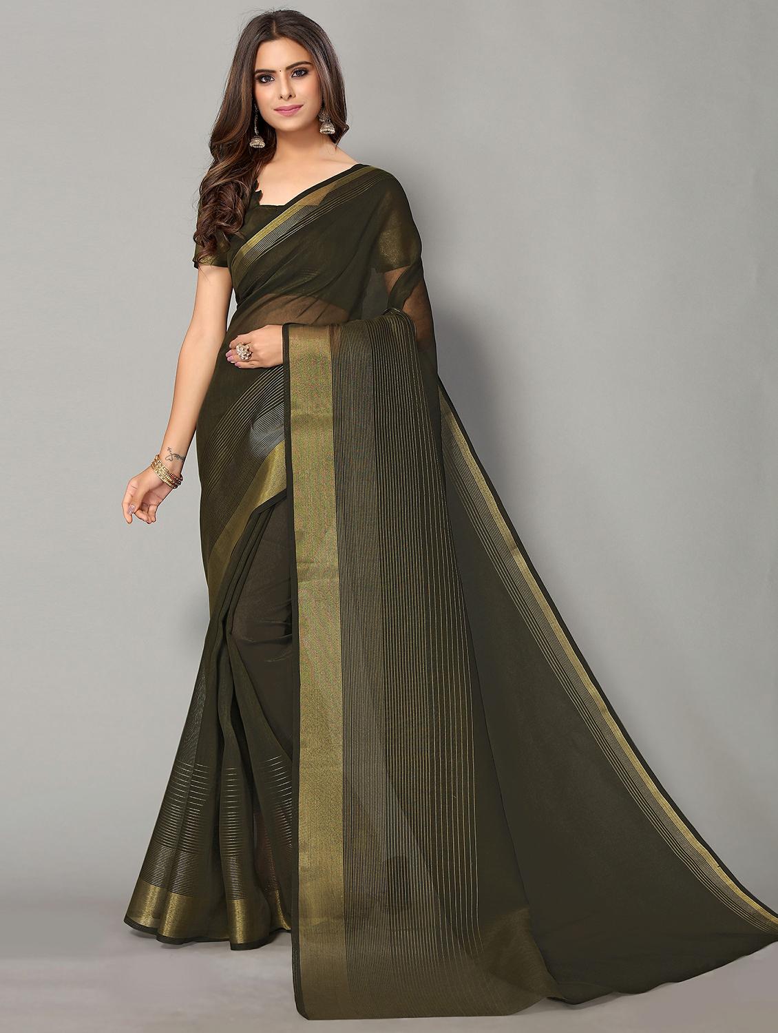olive green handloom saree with blouse - 20039298 - Zoom Image - 0