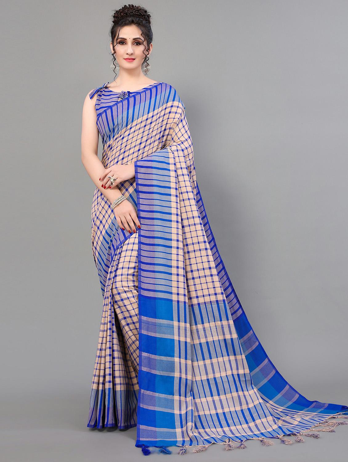 blue cotton blend handloom saree with blouse - 20039301 - Zoom Image - 0