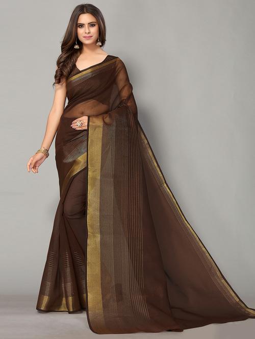 brown cotton handloom saree with blouse - 20039302 - Standard Image - 0