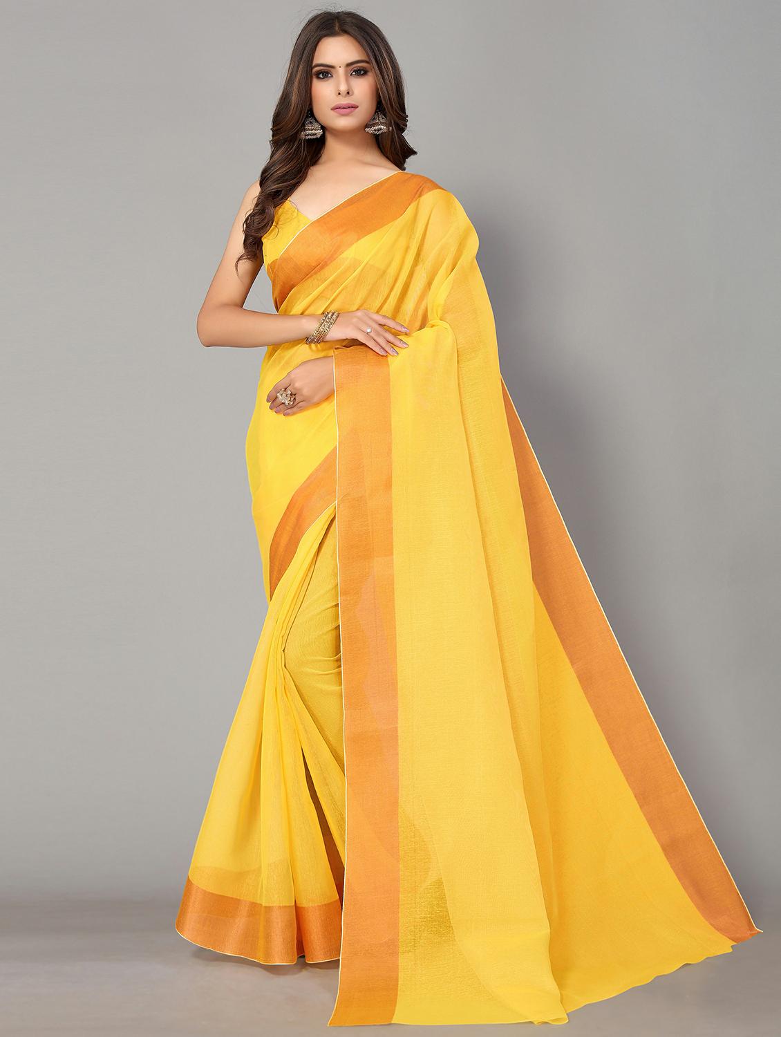 yellow cotton handloom saree with blouse - 20039353 - Zoom Image - 0