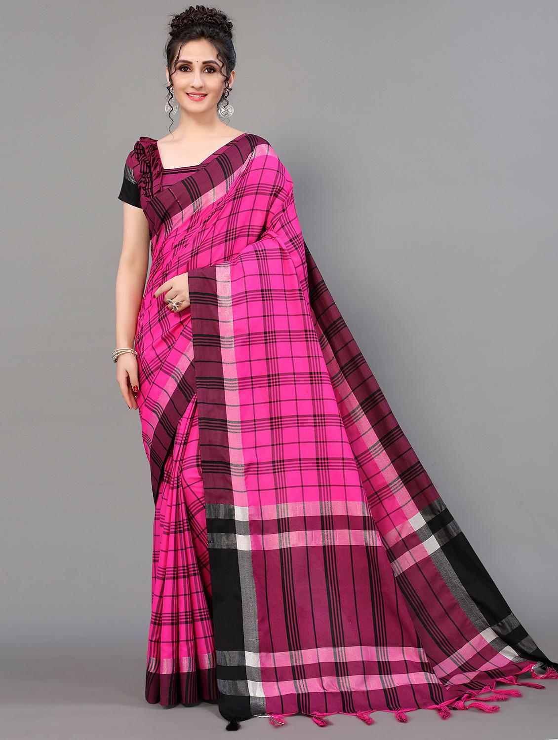 pink cotton blend handloom saree with blouse - 20039366 - Zoom Image - 0