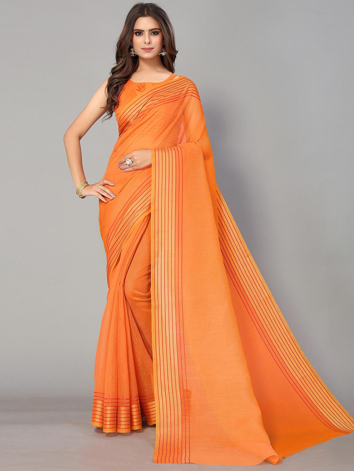 orange cotton handloom saree with blouse - 20039369 - Zoom Image - 0