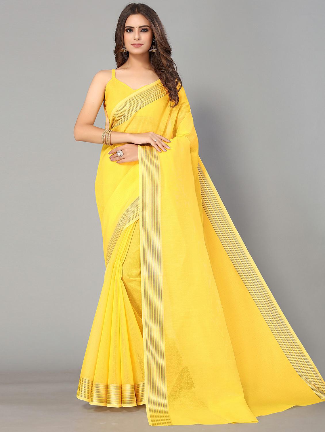 yellow cotton handloom saree with blouse - 20039380 - Zoom Image - 0