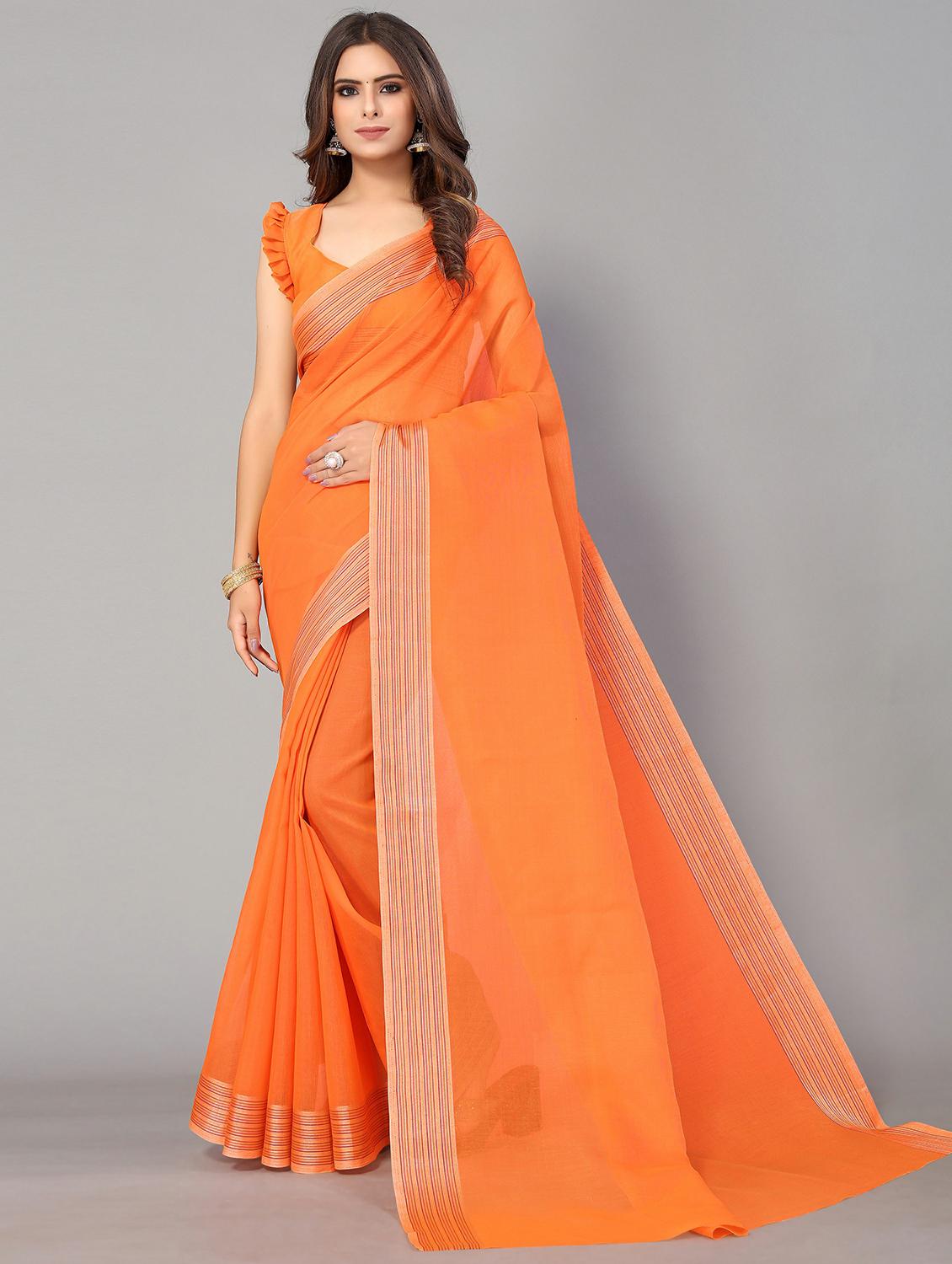 orange cotton handloom saree with blouse - 20039386 - Zoom Image - 0