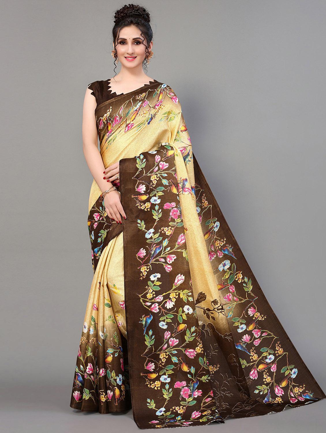 women's floral beige colored saree with blouse - 20039403 -  Zoom Image - 0
