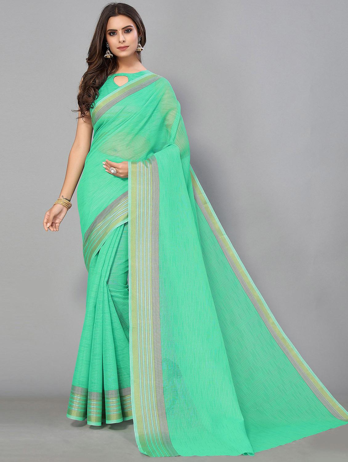 turquoise cotton handloom saree with blouse - 20039404 - Zoom Image - 0