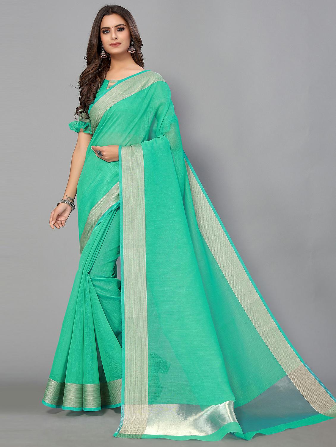 turquoise cotton handloom saree - 20039431 - Zoom Image - 0