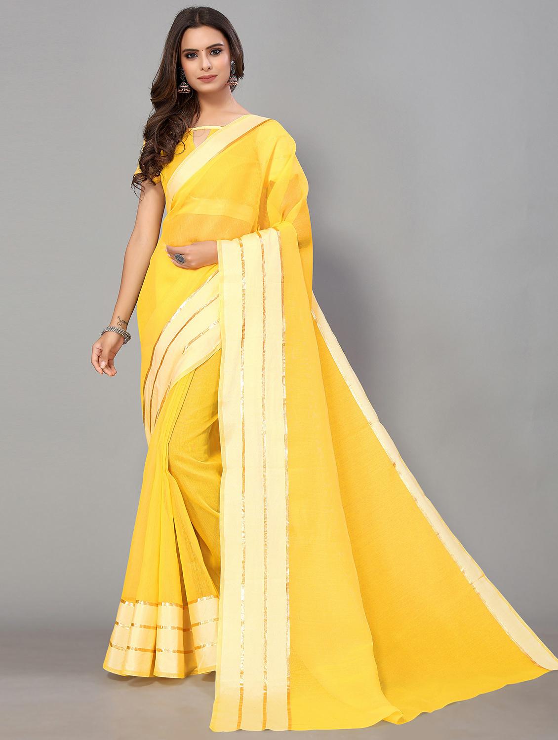 yellow cotton handloom saree with blouse - 20039439 - Zoom Image - 0