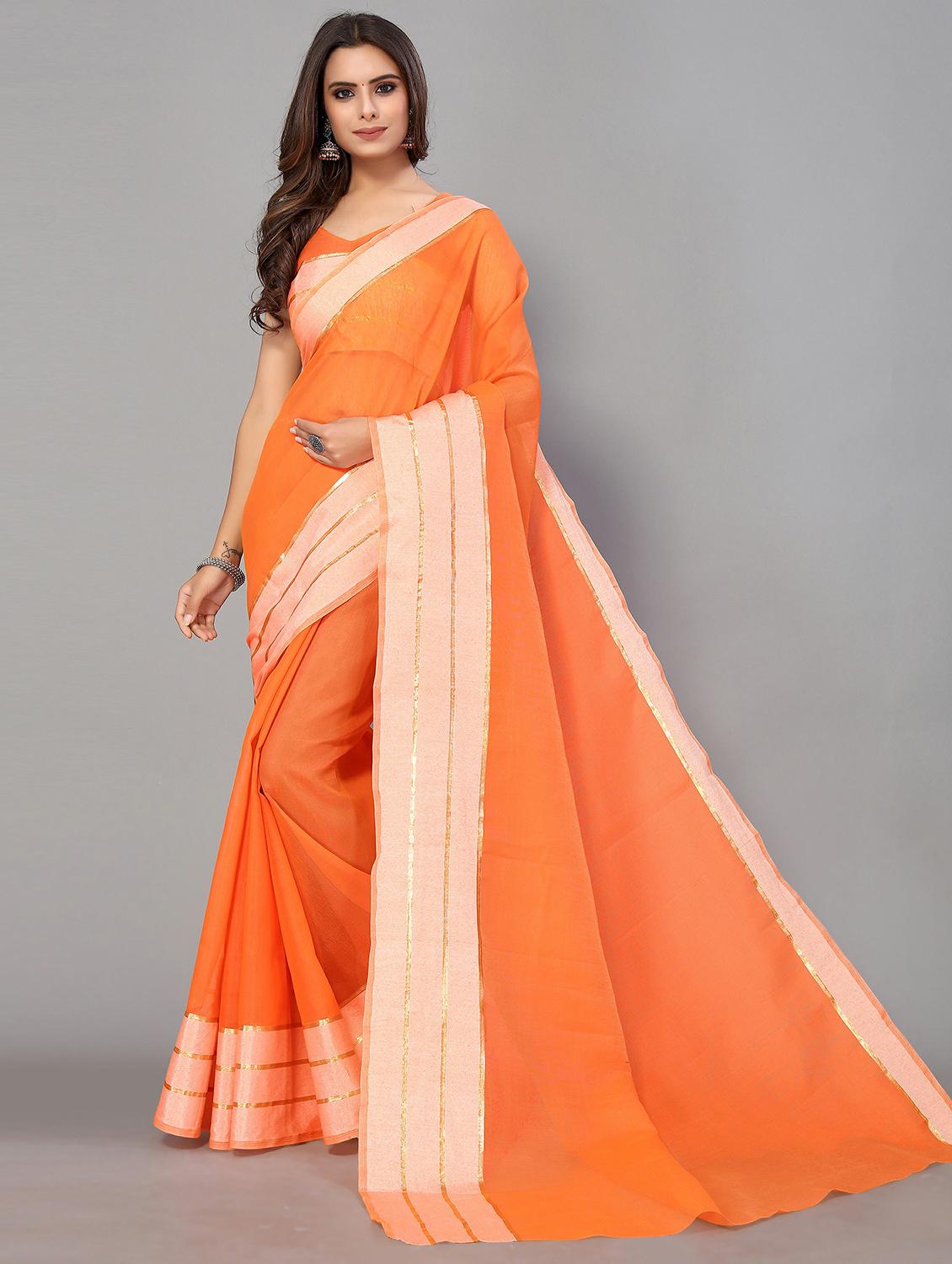 orange cotton handloom saree with blouse - 20039441 - Zoom Image - 0