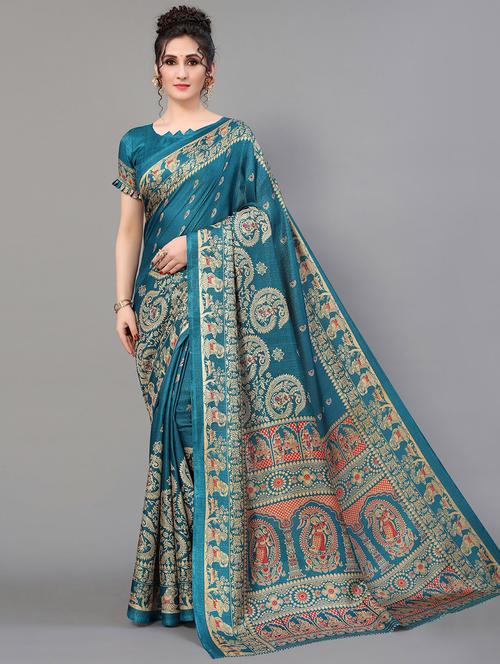 turquoise silk blend mysore saree with blouse - 20039457 - Standard Image - 0