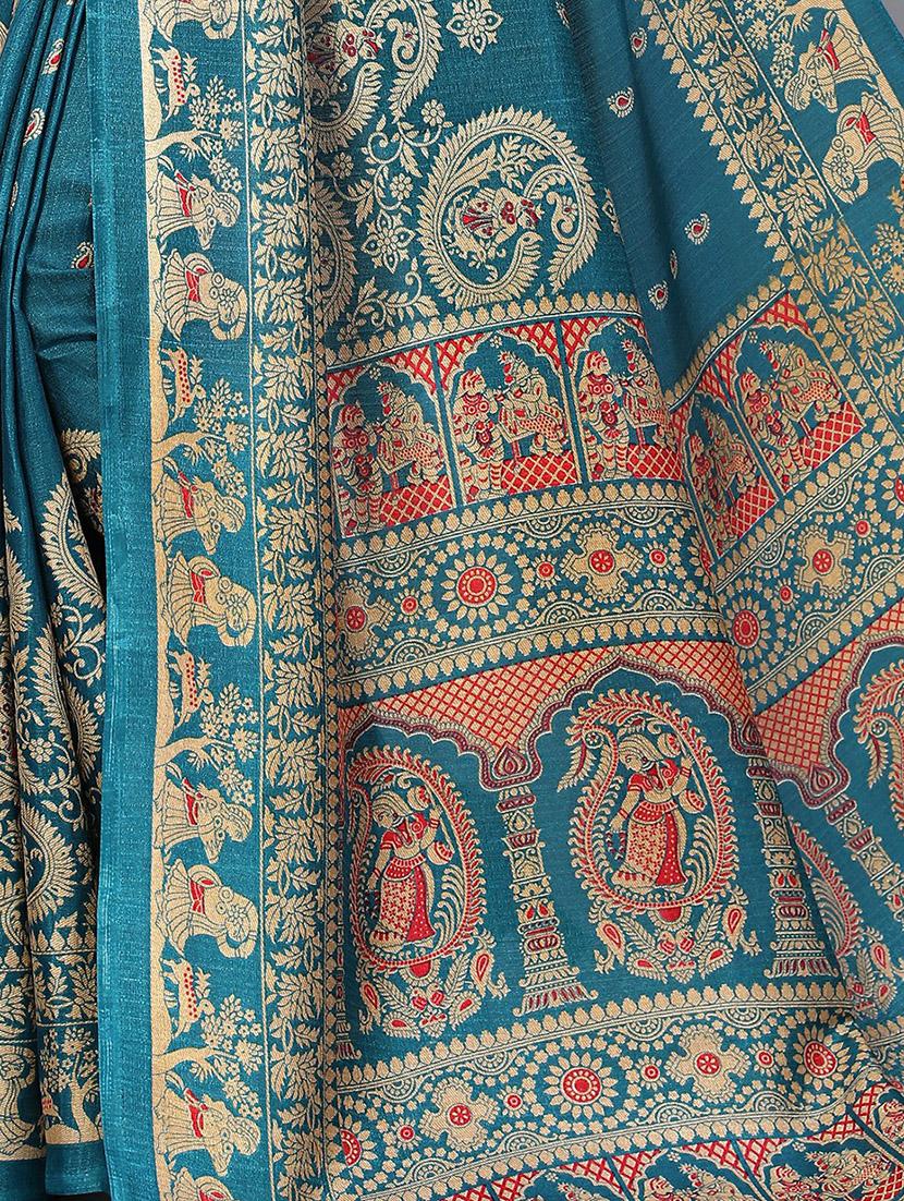 turquoise silk blend mysore saree with blouse - 20039457 - Standard Image - 3