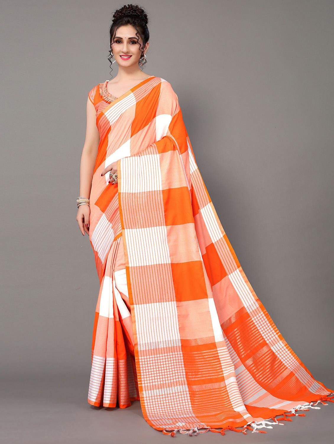 orange cotton blend handloom saree - 20039476 - Zoom Image - 0