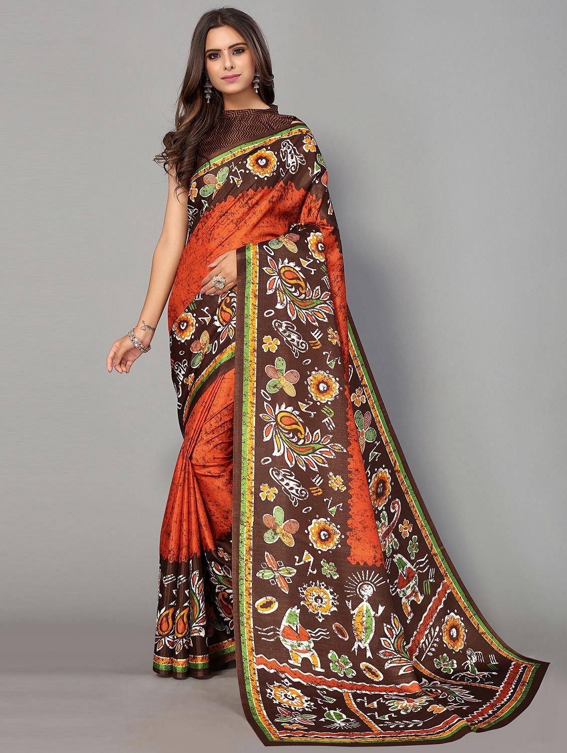 orange silk blend mysore saree - 20039481 - Zoom Image - 0