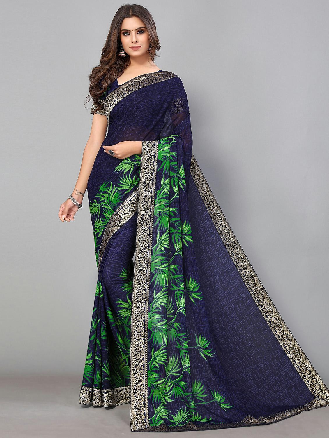 navy georgette printed saree with blouse - 20039498 - Zoom Image - 0