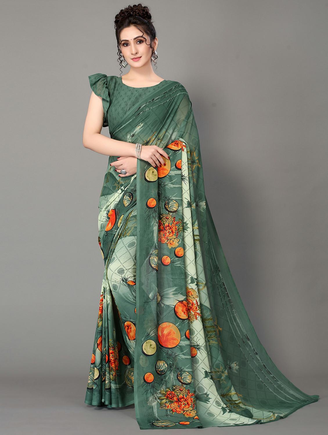 green georgette printed saree with blouse - 20039557 -  Zoom Image - 0