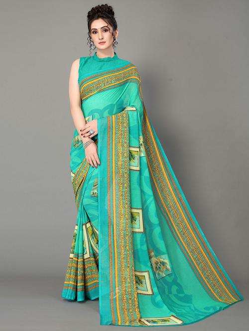 green georgette printed saree with blouse - 20039577 - Standard Image - 0