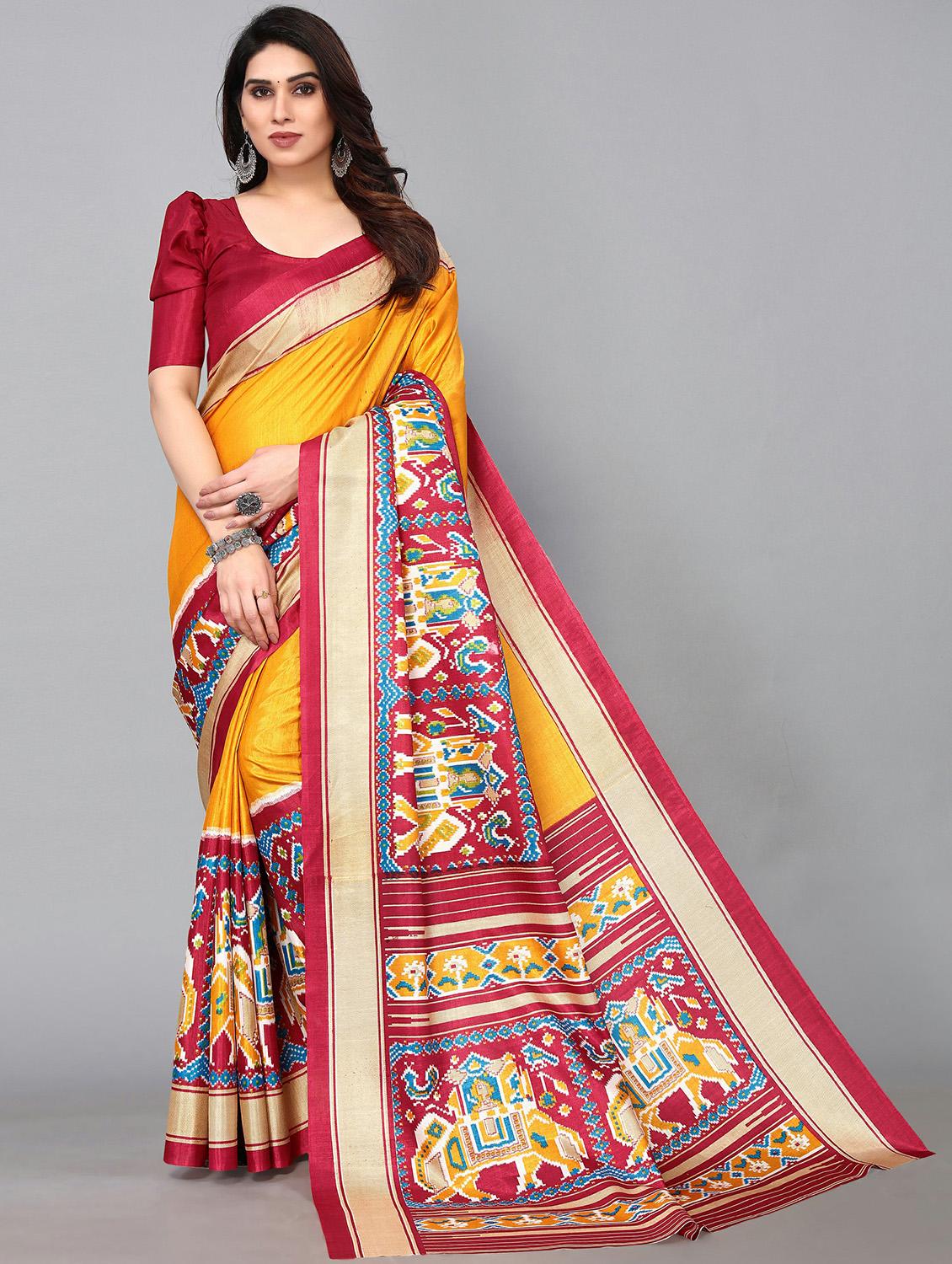 yellow silk blend patola saree with blouse - 20039580 - Zoom Image - 0