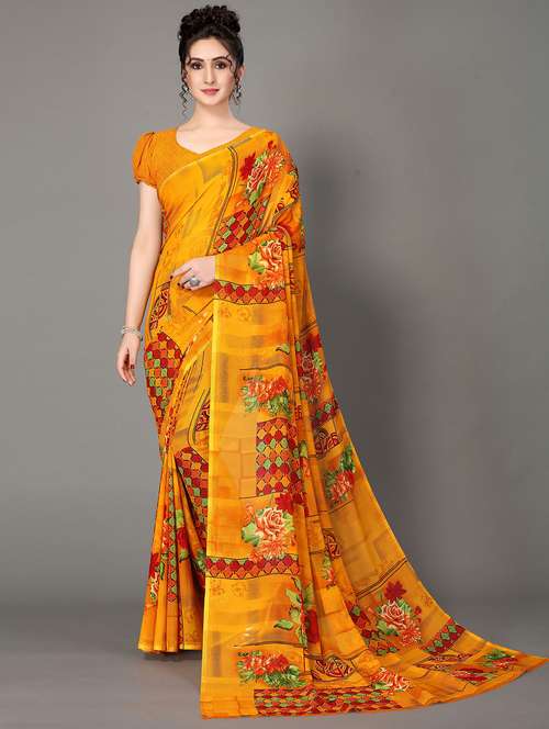yellow georgette printed saree with blouse - 20039583 -  Standard Image - 0