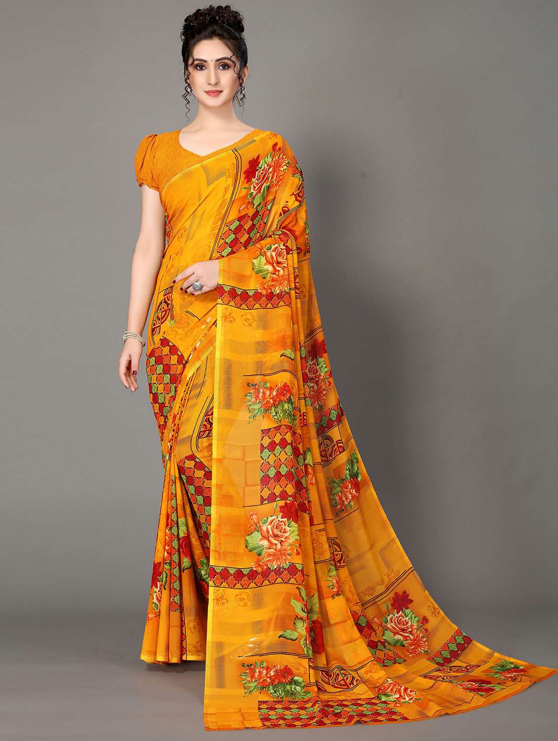 yellow georgette printed saree with blouse - 20039583 -  Zoom Image - 0