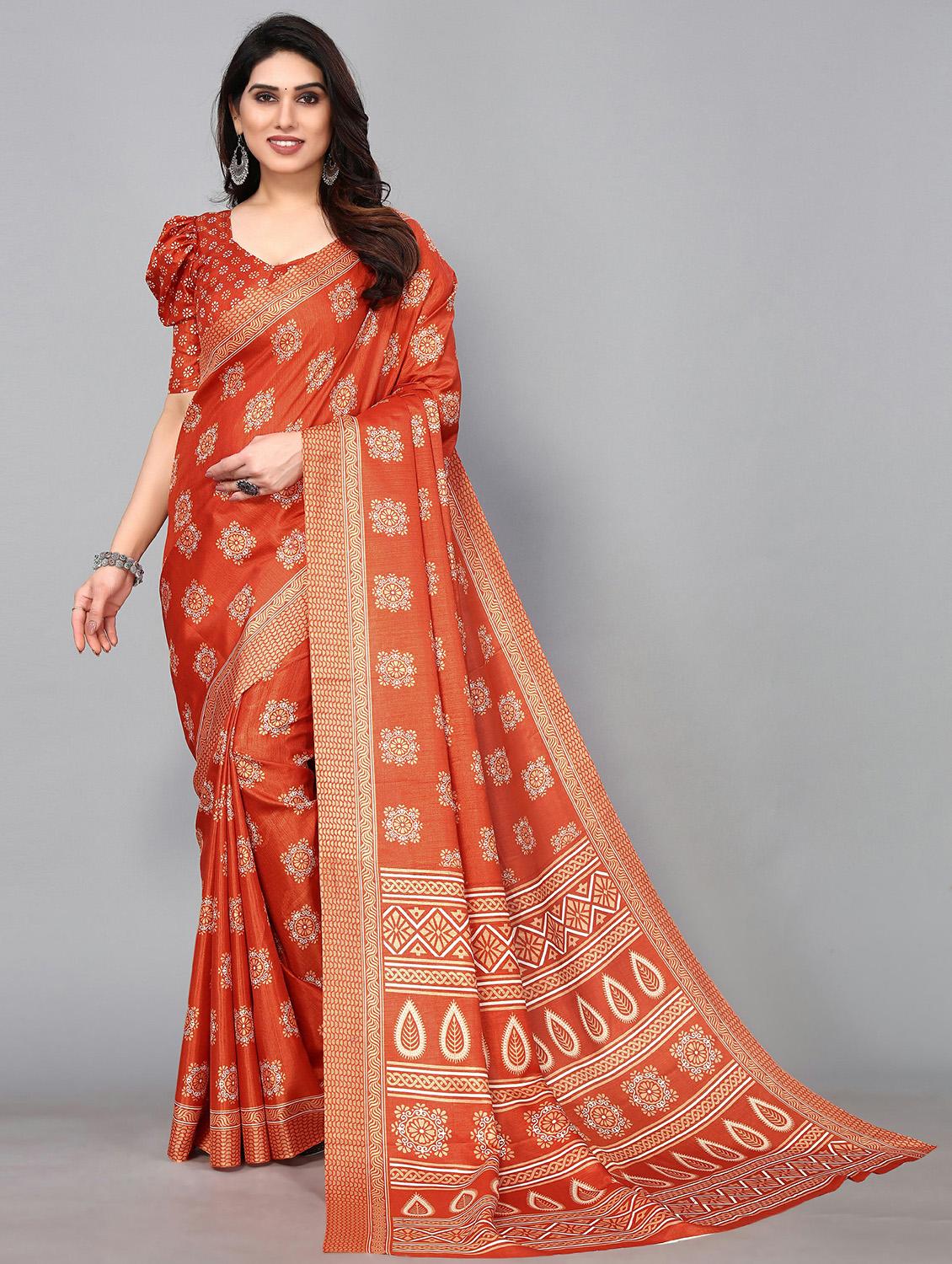 orange silk blend mysore saree with blouse - 20039588 - Zoom Image - 0