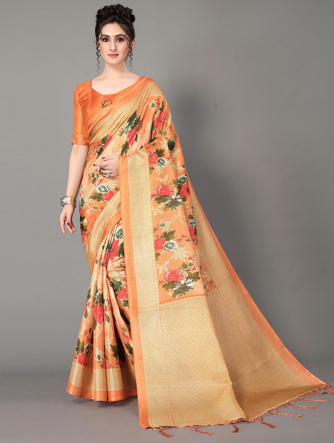 orange silk blend mysore saree with blouse - 20039597 -  Zoom Image - 0
