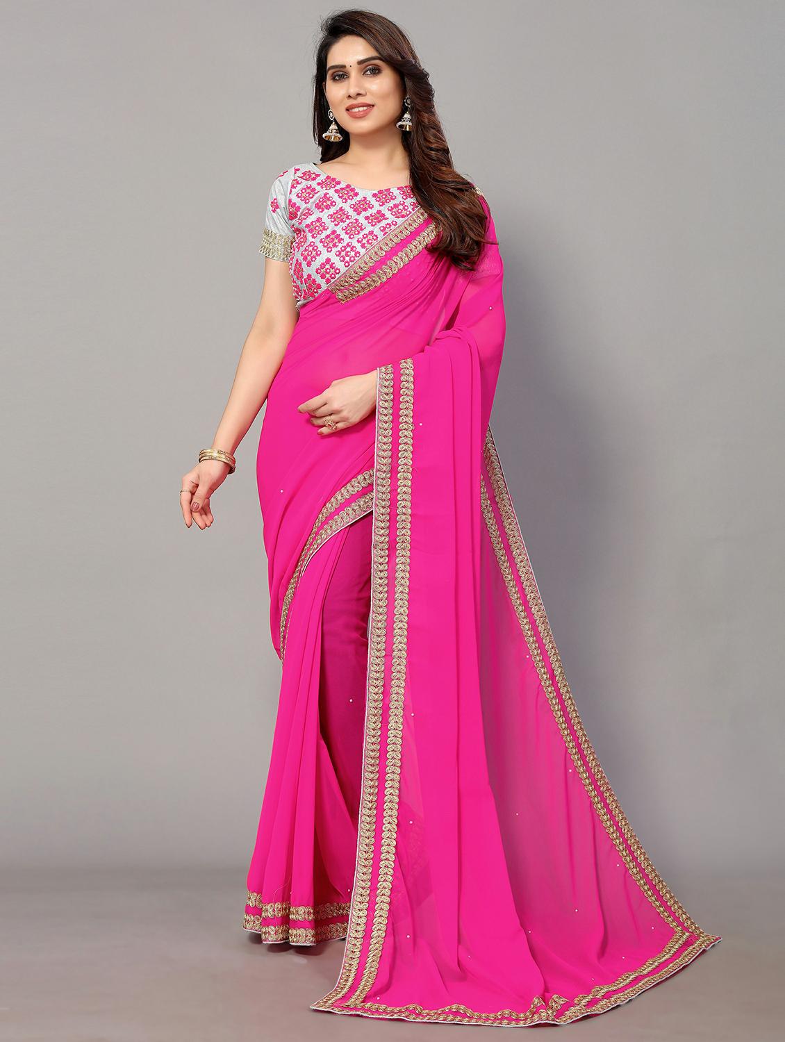 lace bordered solid saree with blouse - 20039685 - Zoom Image - 0
