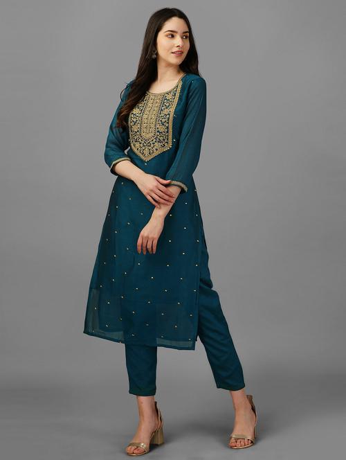 round neck embroidered straight kurta - 20039732 -  Standard Image - 0