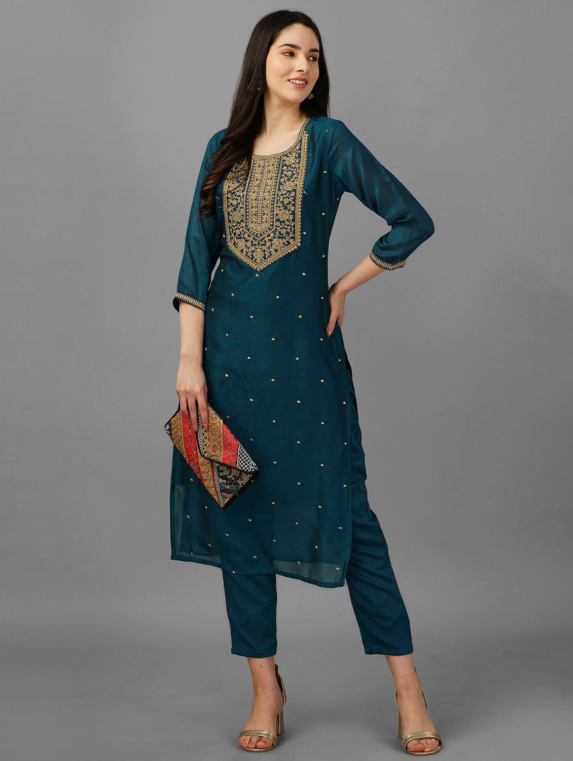 round neck embroidered straight kurta - 20039732 - Standard Image - 3