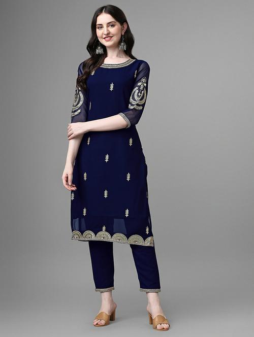 round neck embroidered straight kurta - 20039735 -  Standard Image - 0