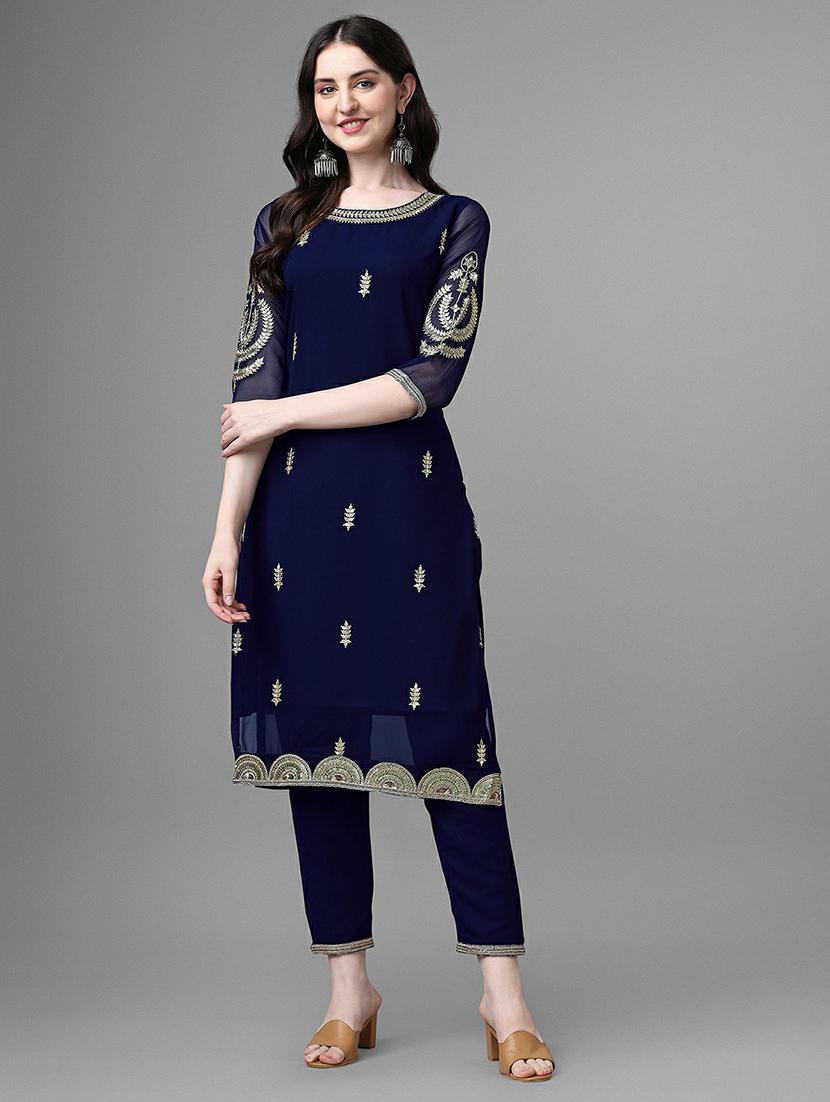 round neck embroidered straight kurta - 20039735 -  Zoom Image - 0
