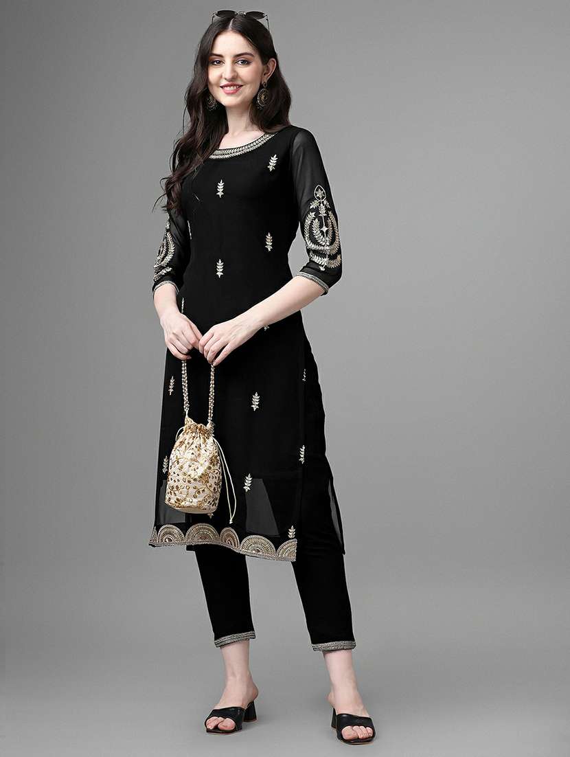round neck embroidered straight kurta - 20039737 -  Standard Image - 3