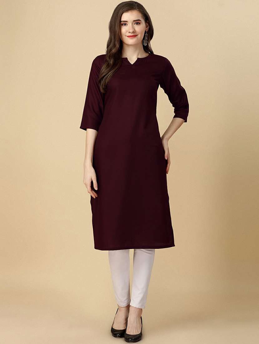notch neck solid straight kurta - 20039764 - Zoom Image - 0