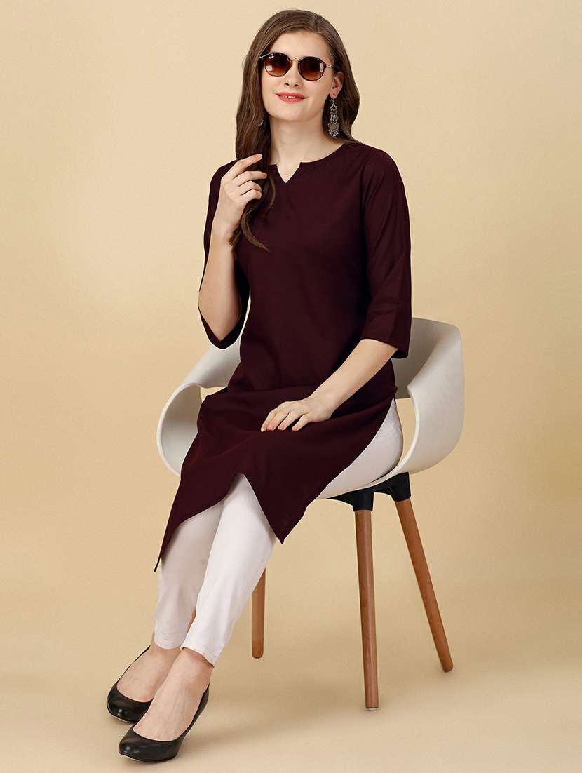 notch neck solid straight kurta - 20039764 - Standard Image - 3