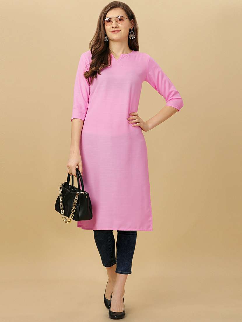notch neck solid straight kurta - 20039769 - Standard Image - 3