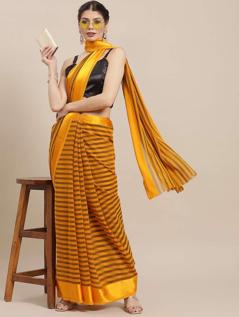 women's stripes mustard colored saree with blouse