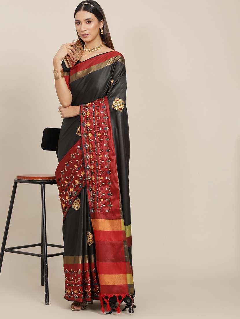 women's floral black colored saree with blouse