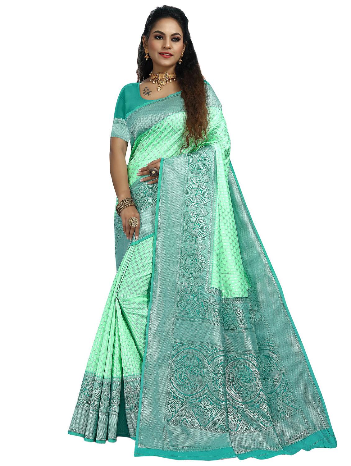 turquoise silk blend kanjivaram saree with blouse - 20047739 - Zoom Image - 0