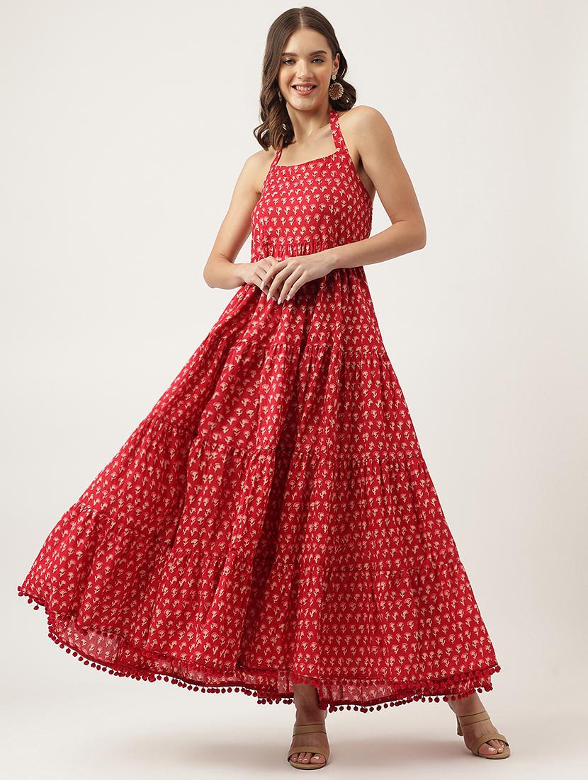 red cotton tiered ethnic dress - 20048049 - Zoom Image - 0